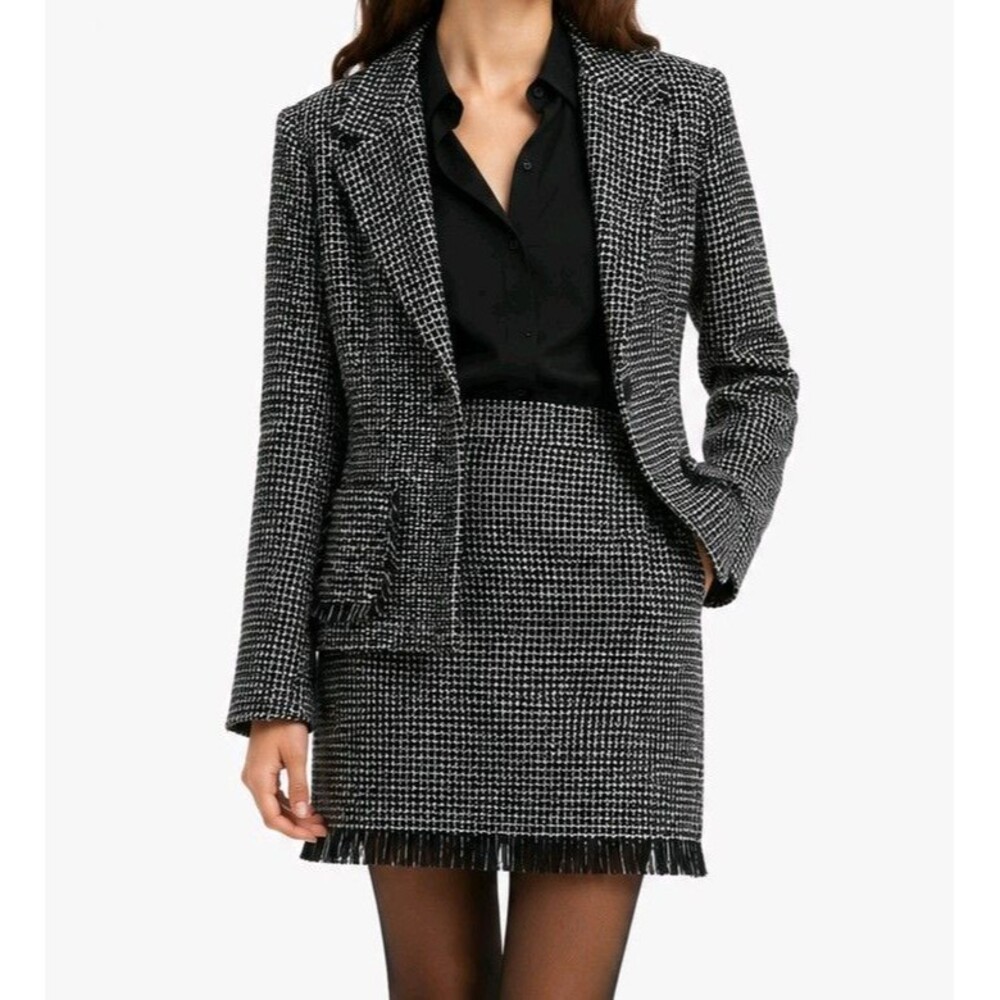 Lana Lee Petite Black White Tweed Skirt Suit Set Size 16 Fringed Jacket & Skirt